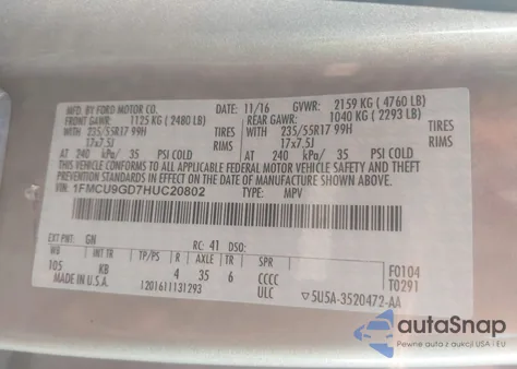 2017 Ford Escape Se from USA, damaged, VIN 1FMCU9GD7HUC20802